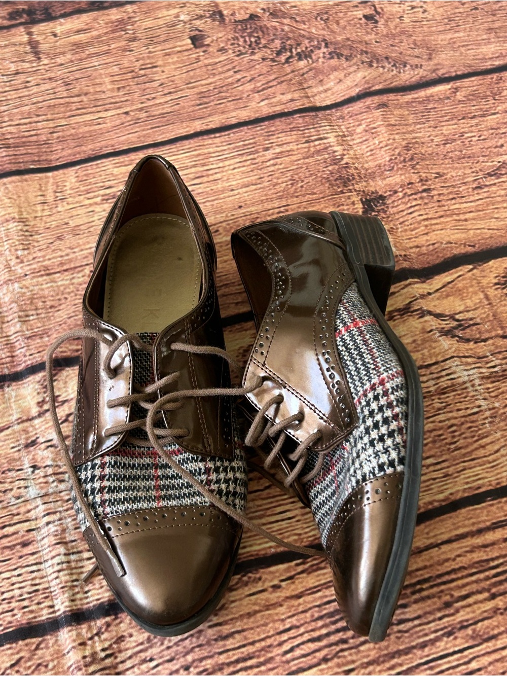 Anne Klein Louisa Womens Oxford Shoes Brown Plaid Flat Loafers Size 9M